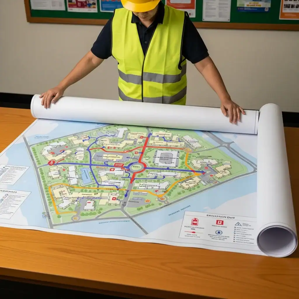 Evacuation route map for residential housing society highlighting emergency exits and safe assembly locations