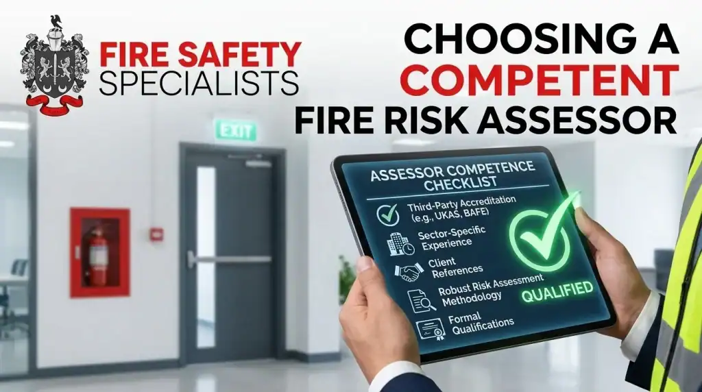 A competent fire risk assessor inspecting fire door seals and compartmentation in a commercial building